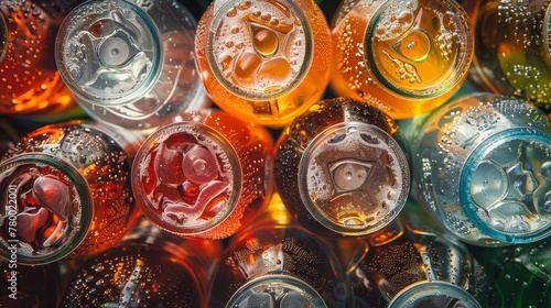 A close-up of a cluster of colorful soda bottles in different shapes and sizes