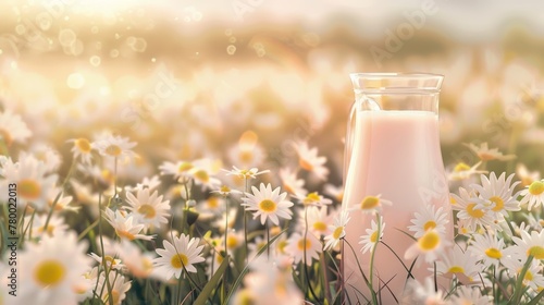 Glass of milk in a field of white daisies during sunset