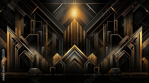 This image has a luxurious geometric Art Deco design with rich gold lines and black contrasts, evoking a sense of opulence