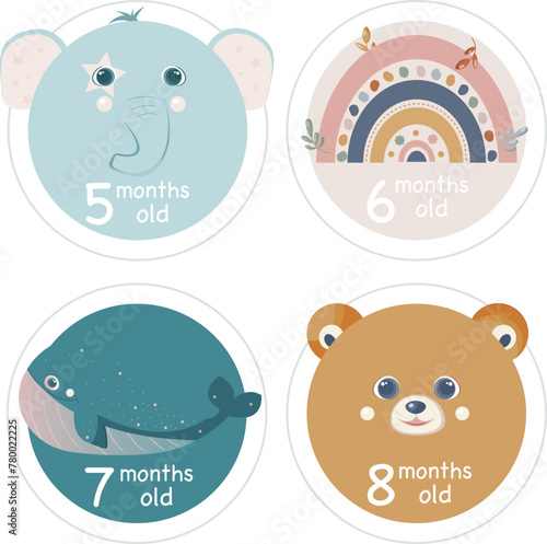 Monthly milestone cards for baby photoshoot with animals and rainbow. 5, 6, 7, and 8 months.