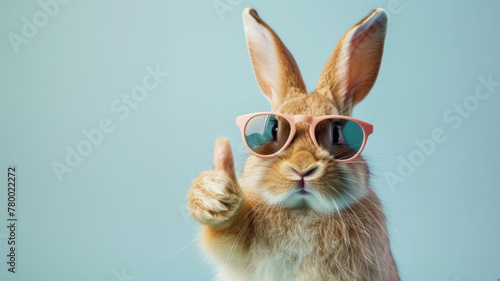 A charming bunny sporting pink sunglasses gives a confident thumbs up against a plain background