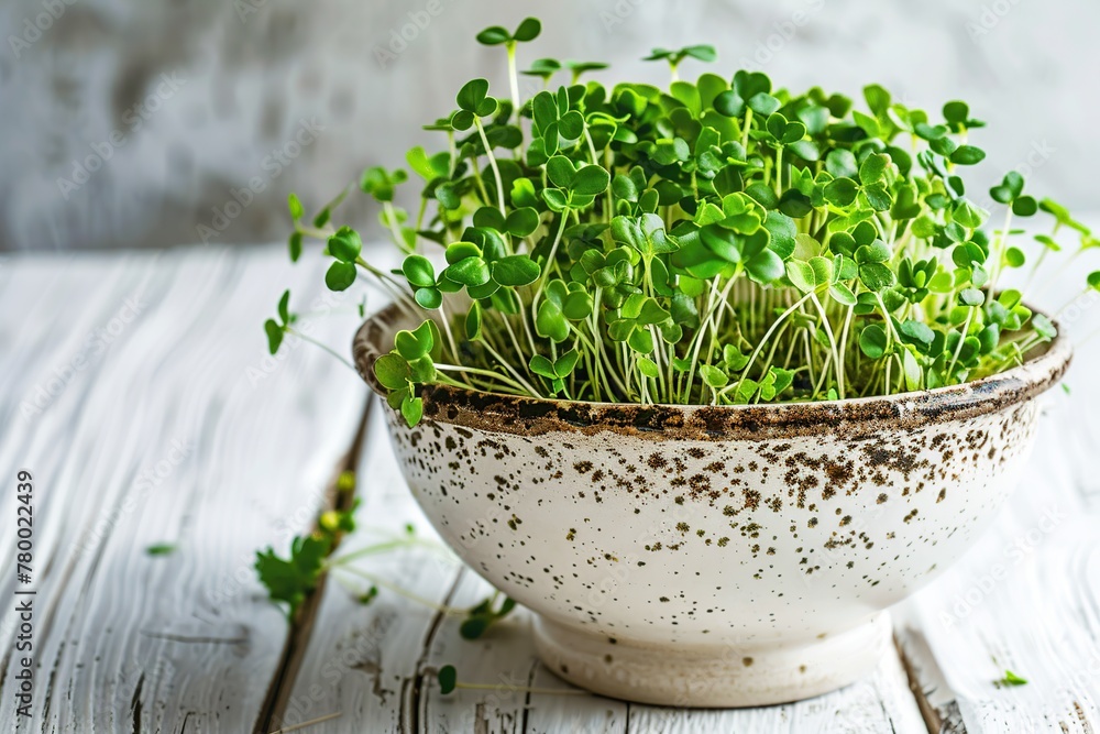 Microgreen broccoli in bowl on wooden background Microgreen broccoli in bowl on wooden background
