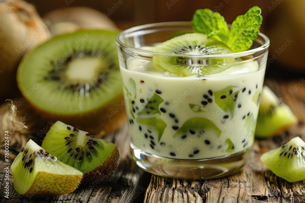Glass with fresh kiwi and yogurt on wooden table Glass with fresh kiwi and yogurt on wooden table