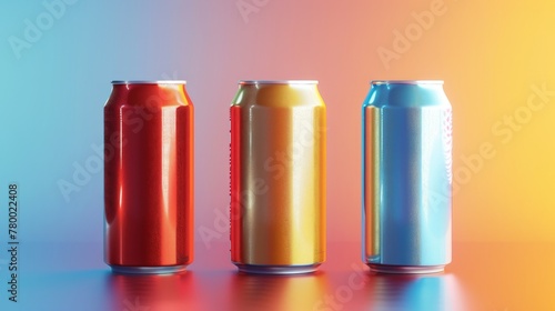 Three colorful soda cans sit on a wooden table