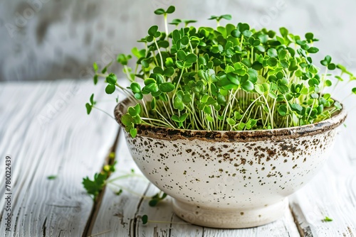 Microgreen broccoli in bowl on wooden background © Alina