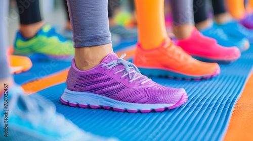 Close-up of colorful running shoes on blue yoga mats. Group fitness concept with copy space.