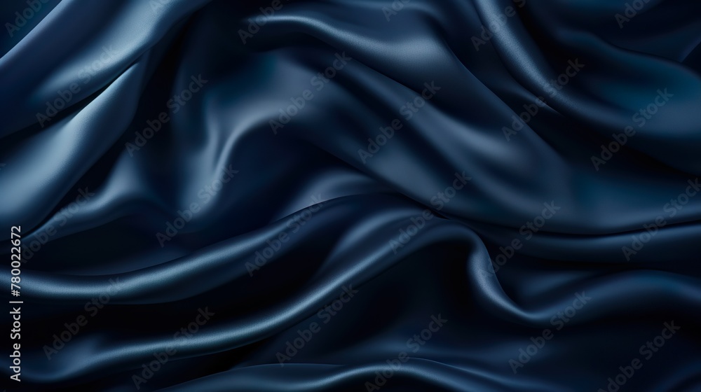 This image depicts deep blue satin silk fabric that flows gracefully, ideal for backgrounds or high-fashion concepts