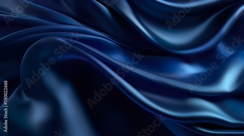 The image showcases a close-up of exquisite blue satin with soft, undulating waves, suggesting opulence and sophistication
