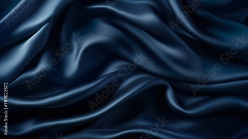 This image depicts deep blue satin silk fabric that flows gracefully, ideal for backgrounds or high-fashion concepts
