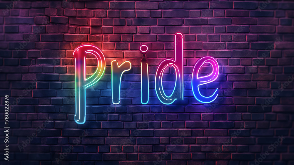 Neon glowing rainbow Pride sign on brick wall background, vector illustration, rainbow pride concept, gay and lgbtq+ community symbols