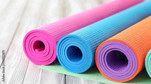 Colorful yoga mats rolled up on wooden floor. Fitness class preparation concept for design and print