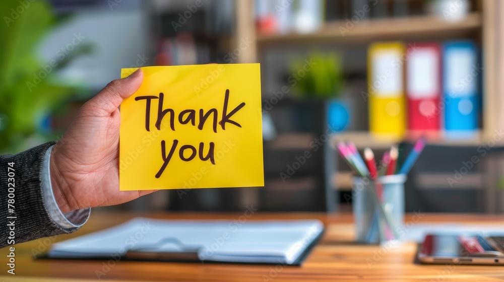 Hand holding a yellow sticky note with Thank You written on it. Office background with copy space