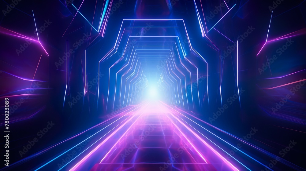 Digital illustration of a vibrant blue neon tunnel leading into bright light at the end, conveying a sense of journey and high-speed Digital illustration of a vibrant blue neon tunnel leading into bright light at the end, conveying a sense of journey and high-speed