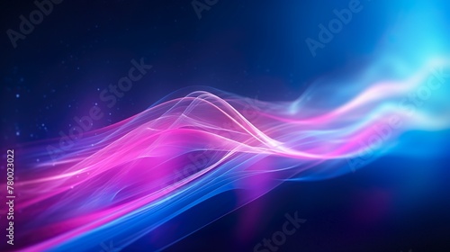 This image portrays magnificent neon light waves flowing effortlessly on a dark blue background, indicating fluidity photo