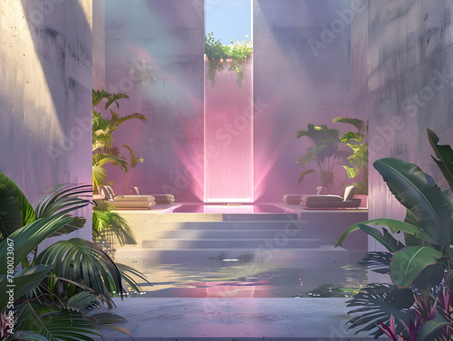 A room with a waterfall and plants. The room is pink and has a tropical feel