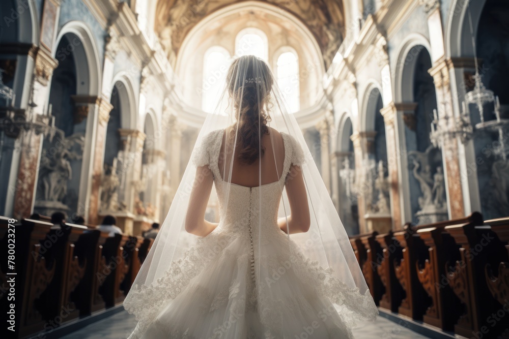 Obraz premium A dreamy wedding portrait: a bride in a luxurious dress poses in a brightly lit palace hall, viewed from the back.