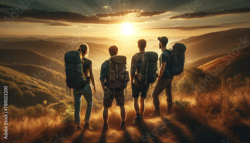 The friends walk up the mountain, their backs to the camera, and look at the stunning sunset ahead. All of them are equipped with backpacks and dressed in hiking clothes. The setting sun casts a shado photo