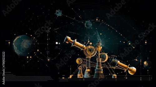 Captivating dark image featuring a complex astronomical scientific instrument with annotations photo