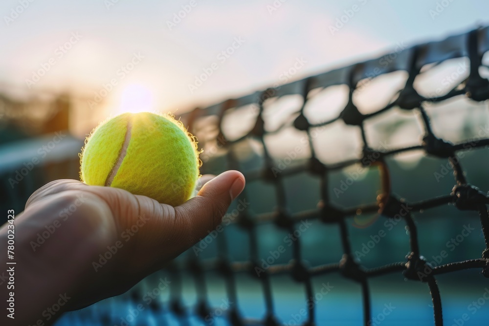 Player's hand with tennis ball preparing to serve in tennis cort. Beautiful simple AI generated image in 4K, unique.