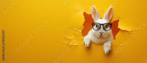 An adorable brown rabbit with yellow rimmed glasses makes a fun appearance through a paper hole