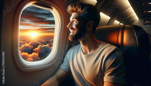 A man is sitting on an airplane. He looks out the window next to him, a look of awe on his face as he watches the sunset. The light from the setting sun illuminates half of his face, creating a warm g