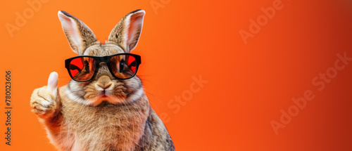 A playful image of a cool rabbit wearing stylish sunglasses and cheekily giving a thumbs up against an orange background photo