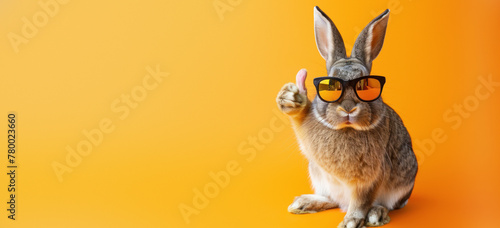 A trendy rabbit strikes a pose with a thumbs up, sporting cool sunglasses against an orange background in this fun photo