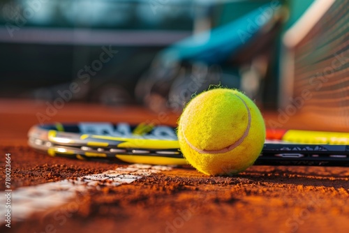 In the men's hand is a tennis racket and a ball against the background a net and tennis court. Close-up image.. Beautiful simple AI generated image in 4K, unique.