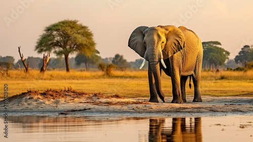 A peaceful image of a lone elephant standing by the water s edge during the golden hour of sunset