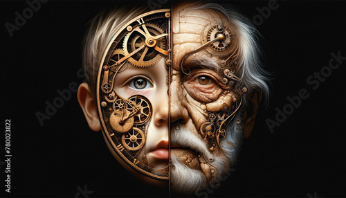 A fusion of human life and the merciless passage of time, where the faces of a child and an old man organically merge with the intricate hands and mechanisms of an ancient clock. The innocent look of  photo