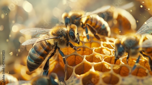 sunlit honeybees actively working on honeycomb © pixcel3d
