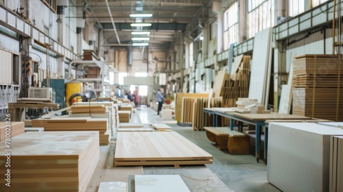 Long perspective of a carpentry workshop with wooden planks  boards  and furniture parts.