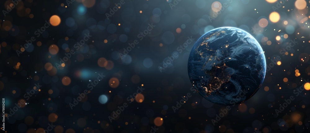 Earth planet wallpaper , black background with blurred lights and particles. Blue and orange lights.