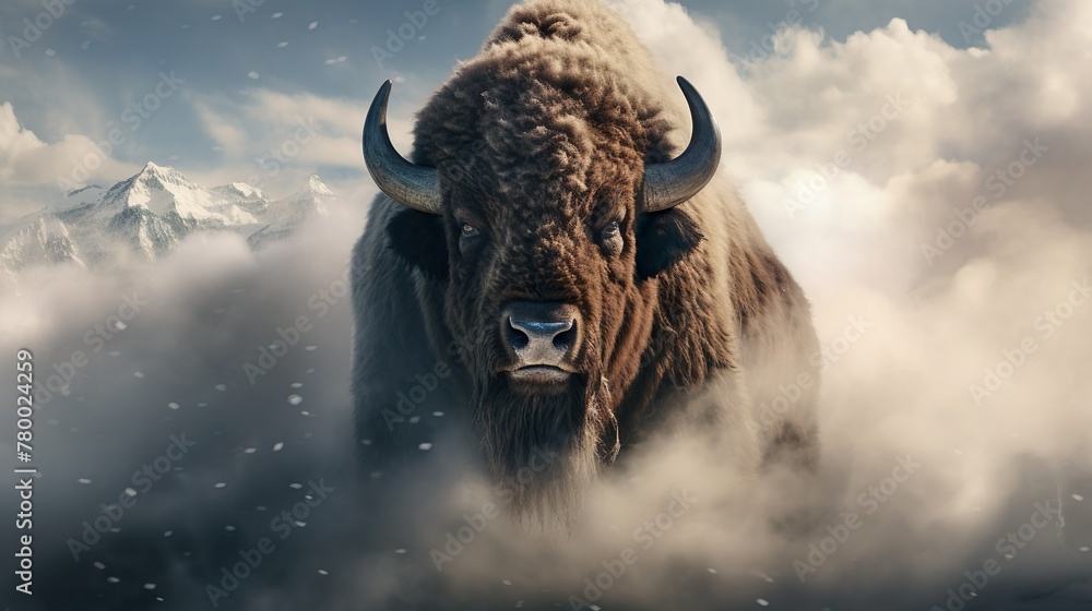 A looming bison head emerges powerfully from ethereal clouds against a backdrop of towering mountains