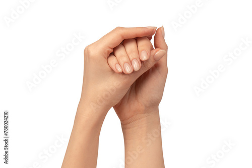 Woman hands  isolated on a white background. Nude nail polish. photo