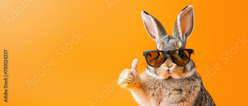 A comical image of a rabbit wearing sunglasses giving a thumbs up against a vibrant orange background Perfect for conveying a positive vibe