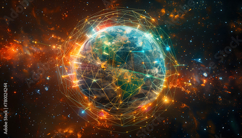 A digital globe surrounded by a web of interconnected lines and nodes. The image is a symbol of the power of connectivity to foster communication, collaboration, and understanding across borders