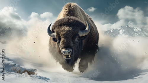 A dynamic bison appears to be charging through a snowstorm with fierce mountains in the distance
