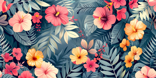 Vibrant, colorful floral pattern illustration with exotic plants and flowers on a pastel background, perfect for Mother's Day or birthday celebration.