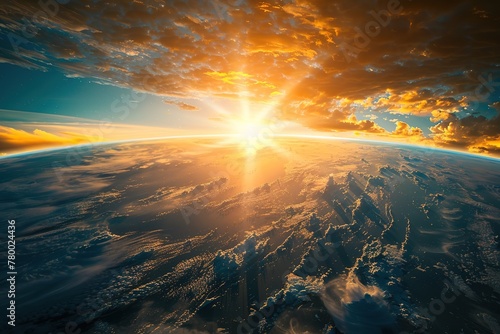 Planet earth with sunset and sun rays