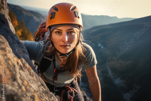 Mountain adventure: a woman in climbing attire enjoying a sunny selfie. © ProPhotos