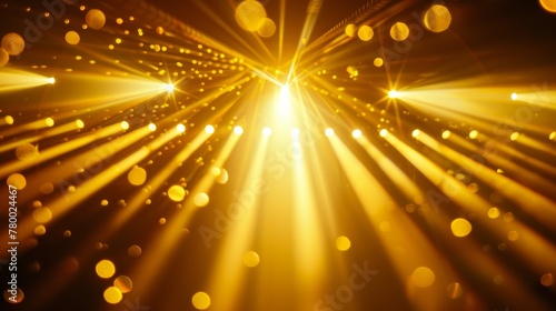 Intense golden stage lights radiating with sparkle and bokeh effects