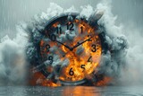 Time running out, wall clock disintegrating, white background