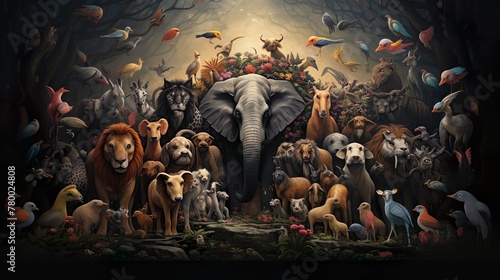 A beautifully composed image of varied animal species peacefully gathered in a mystical forest clearing, symbolizing unity and biodiversity