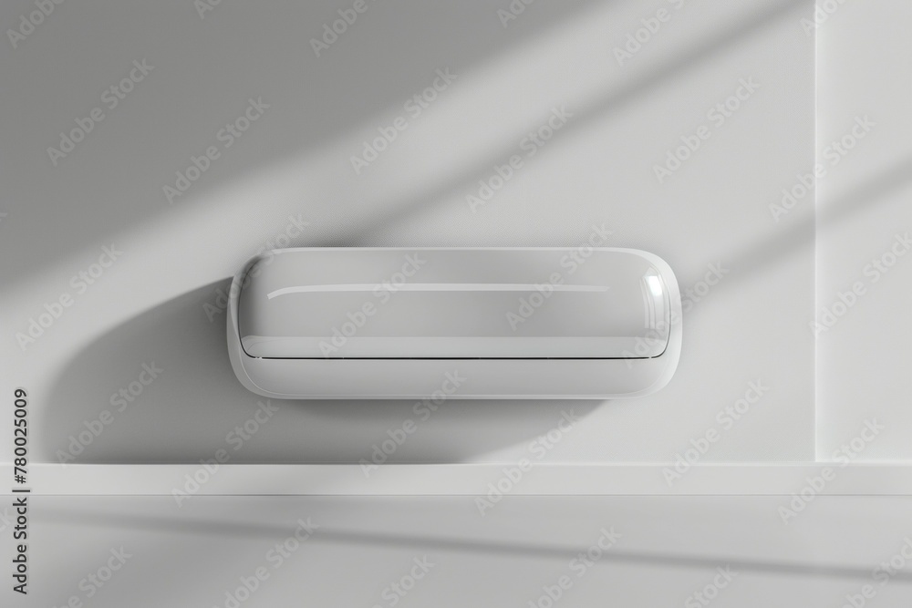 A white object with a black handle sits on a white wall. Summer heat concept A white object with a black handle sits on a white wall. Summer heat concept