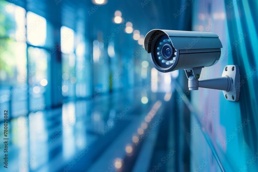 A camera is mounted on a wall in a hallway A camera is mounted on a wall in a hallway