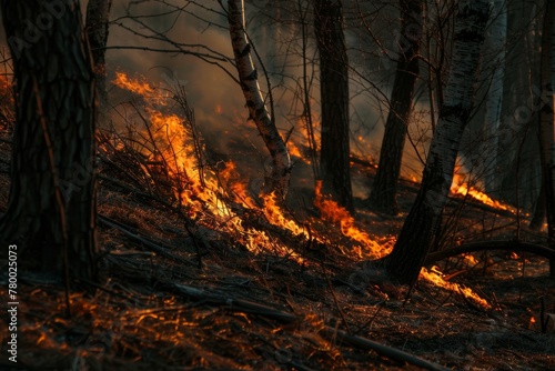 A forest fire is burning through the trees