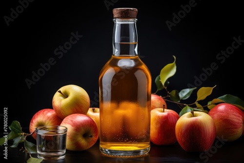 Bottle of fresh apple juice, glass and apples on black background isolated