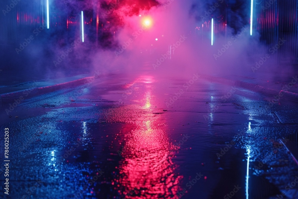 Wet asphalt, reflection of neon lights, a searchlight, smoke. Abstract light in a dark empty street with smoke, smog. Dark background scene of empty street, night view, night city