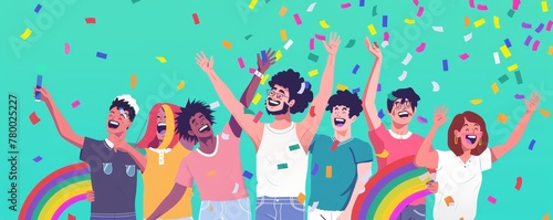 Colorful illustration of diverse group celebrating pride.